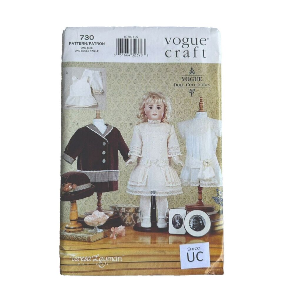 VOGUE PATTERN 730 18" (FITS AMERICAN GIRL DOLL) HEIRLOOM DOLL CLOTHING  UNCUT